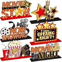 6 Pcs Movie Night Party Decorations Movie Wooden Table Centerpiece Ticket Star Video Popcorn Table Sign Tabletop Decor for Birthday Party Home Decoration