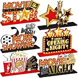 6 Pcs Movie Night Party Decorations Movie Wooden Table Centerpiece Ticket Star Video Popcorn Table Sign Tabletop Decor for Birthday Party Home Decoration