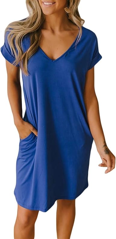 BTFBM Women V-Neck Short Sleeve Summer Dresses 2023 Spring Casual Loose T-Shirt Tunic Short Dress Pajamas with Pockets
