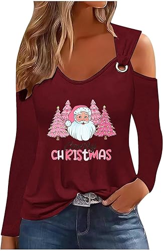 Camisetas de manga larga con cuello en V para mujer, estilo casual, con estampado floral, hombros descubiertos, para otoño e invierno