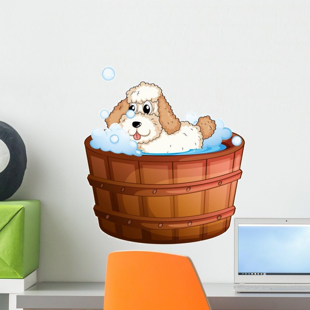 Wallmonkeys A Brown Bathtub with a Dog Taking a Bath Wall Decal Peel and Stick Graphic WM247018 (18 in H x 16 in W)