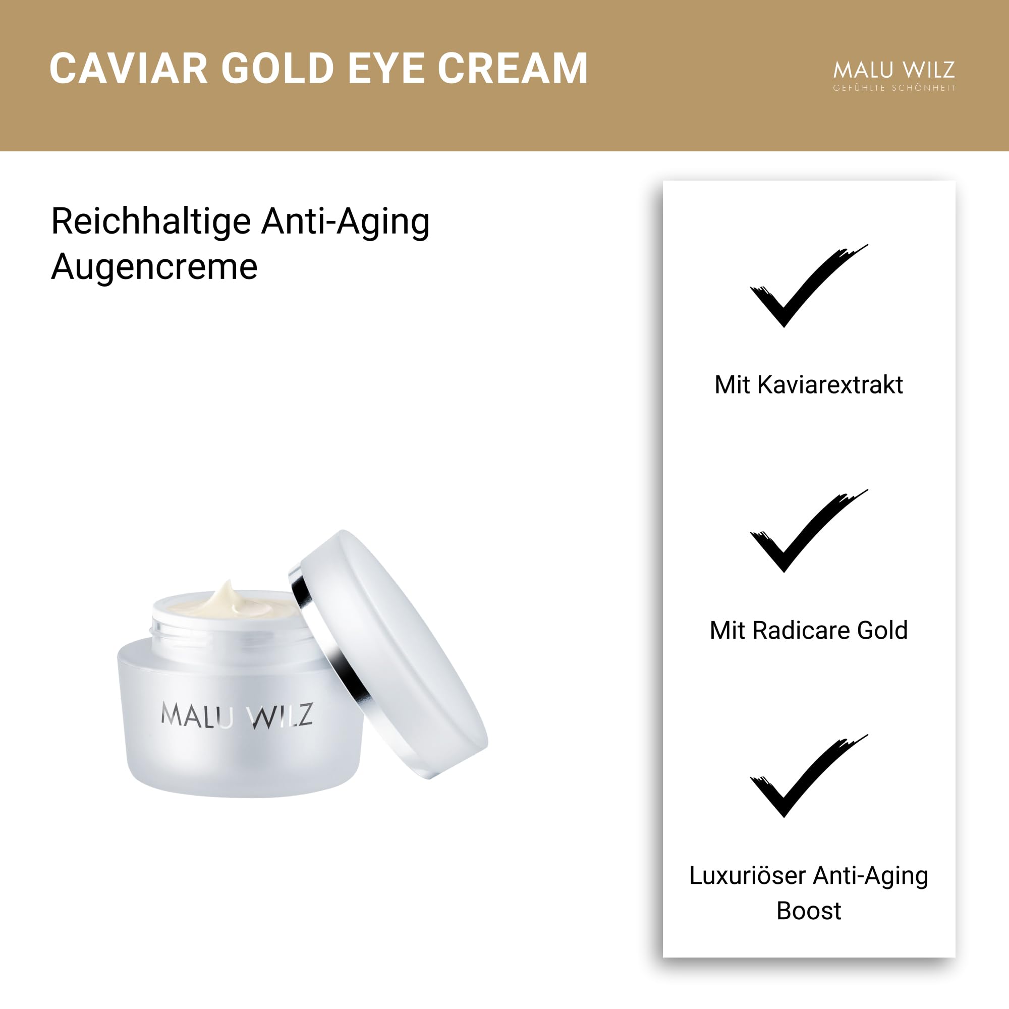 Malu Wilz Caviar Gold Eye Cream 15ml I Augencreme gegen Falten und Augenringe I Reichhaltige Augenpflege mit Kaviar Extrakt für frische Augenpartien