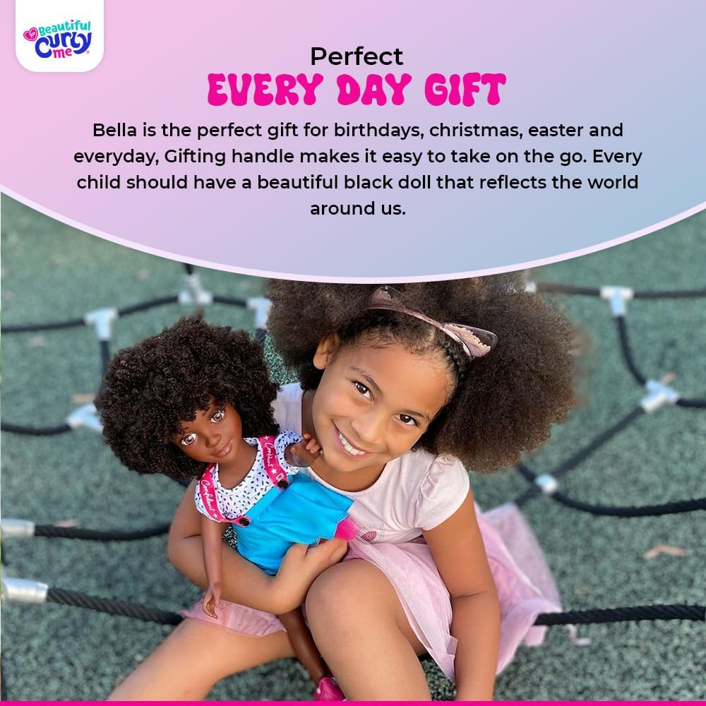 Bella 18-Inch Black Doll with Natural Curly Hair & Medium Brown Skin – African American Baby Doll for Girls Ages 3-9 Years Old - Includes Outfit & Affirmation Book – Perfect for Gift