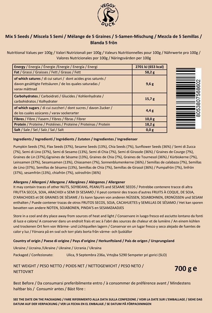 Veggy Duck Mezcla de 5 Semillas 700g Calabaza Lino Chía Girasol Sésamo