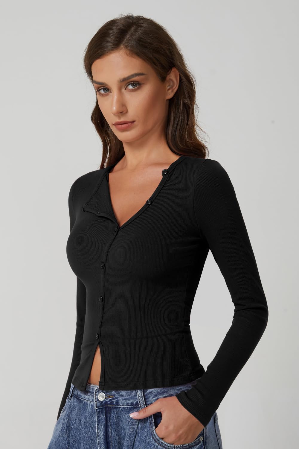 QINSEN Women's Long Sleeve Ribbed Crewneck Shirts Upper Button Fastening Going Out Tops - Image 2