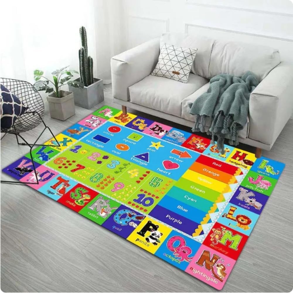 Generisch Pädagogischer Spielteppich 120 x 160 cm Lernmatte Alphabet Zahlen Tiere Formen Farben rutschfeste Unterseite Fusselfreier Teppich Strapazierfähige Kanten Weiche Krabbelmatte
