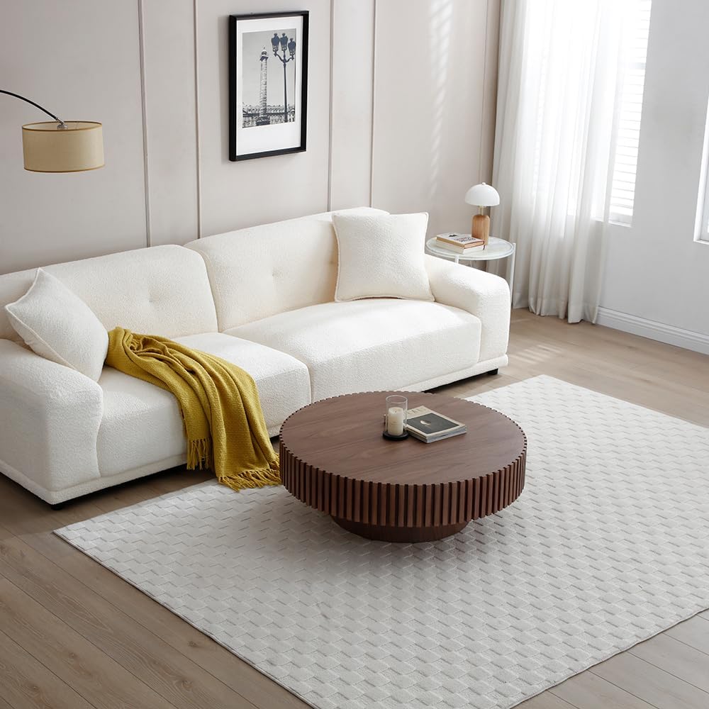 WILLIAMSPACE 31.49" Walnut Round Coffee Table, Modern Luxury Wood Circle Drum Center Table for Living Room, Accent Side End Tea Table for Apartment, ø31.49'' x 13.77''H (Walnut)