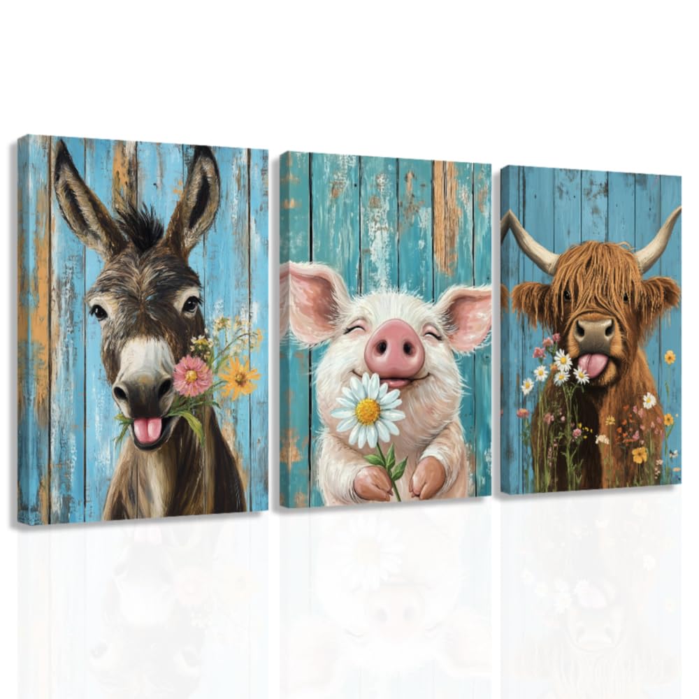 ZXHYWYM3 Piece Farm Animal Wall Art Funny Highland Cow Donkey Pig Painting Animal and Flower Pictures Farmhouse Canvas Prints Home Decor Framed (60x90cmx3)