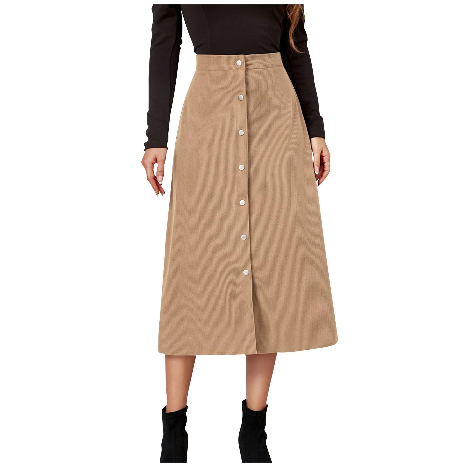 Corduroy Skirt Women Midi Trendy Button Down Corduroy Long Skirt with Slit Cozy Dressy Cord High Waisted Work