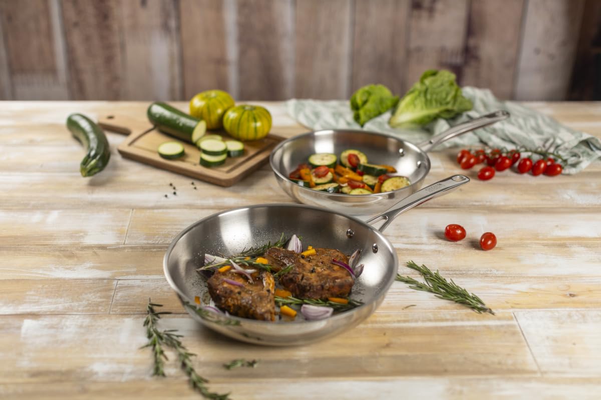Kuhn Rikon Set di padelle da 24 cm e 28 cm, in acciaio inox non rivestito, con manici e finiture a specchio. Utilizzabile su qualsiasi piano cottura, compresi quelli a induzione e combustibile solido