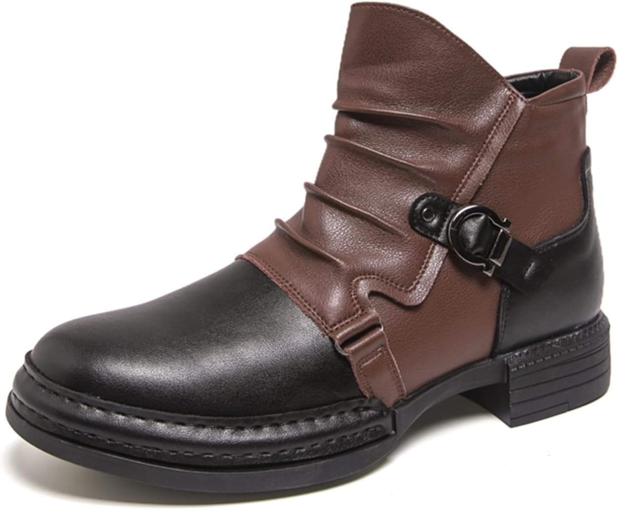 Men's Genuine Leather Slip On Low Heel Chelsea Ankle Boots with Buckle Strap Side Zip for Business Dress Office Driving Round Toe Soft Lightweight Breathable Non Slip Sole for Formal Work Daily