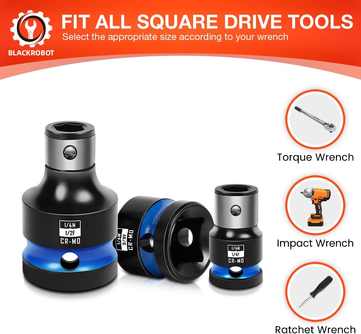 BLACKROBOT 4PCS Impact Bit Holders 1/4 Square Drive to 1/4 Hex Bit Socket Adapter, Impact Wrench Ratchet Use, Cr-Mo Steel