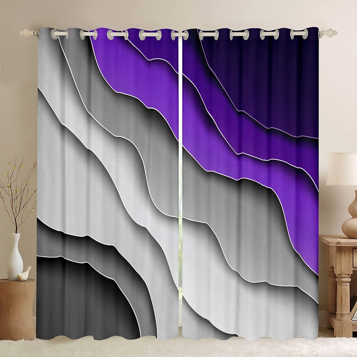 Abstract Ombre Purple Grey White Window Curtains for Bedroom Living Room Teens Ocean Waves Striped Curtains Kids Boys Girls Modern Gradient Contemporary Window Drapes Treatments W52*L63 โ image 1