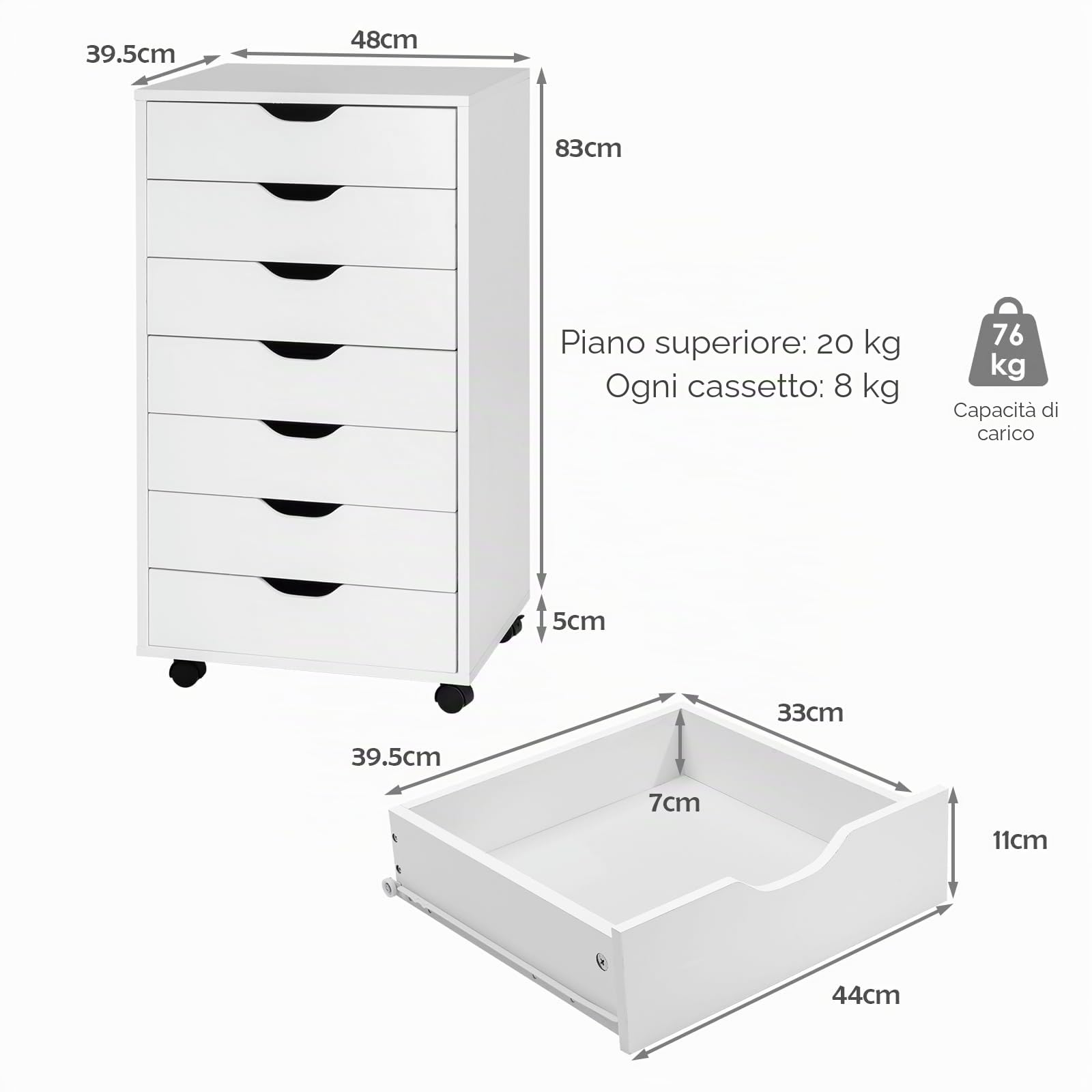 KOMFOTTEU Cassettiera Ufficio con 7 Cassetti, Cassettiera Scrivania con 4 Ruote Bloccabili, Schedario Portadocumenti in Legno, per Stampante per Studio, Camera da Letto, 49 x 40 x 87 cm (Bianco)