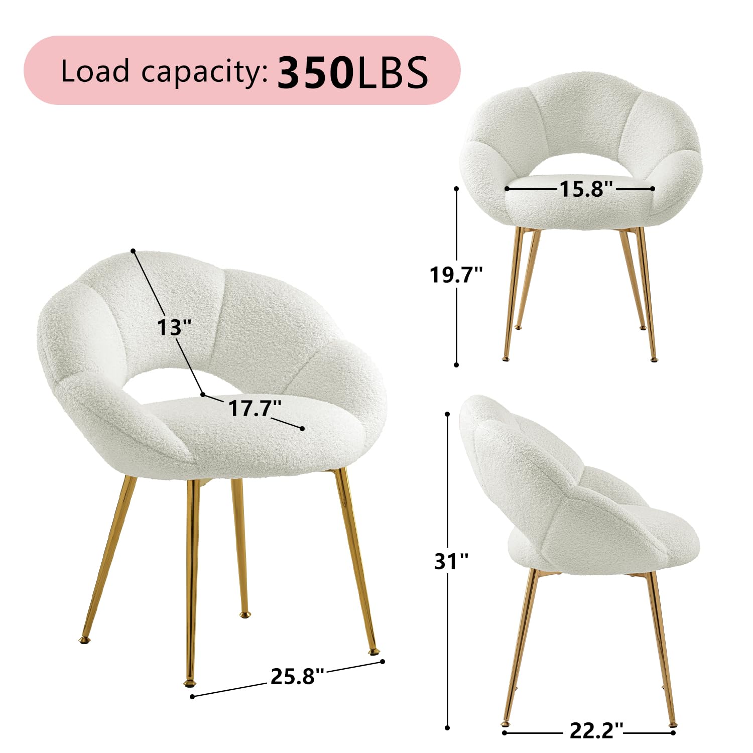 Sedia da Scrivania Imbottita e Comoda - Poltrona da Ufficio con Schienale Floreale - Sedia Moderna per Trucco in Tessuto Teddy - Oro e Bianco