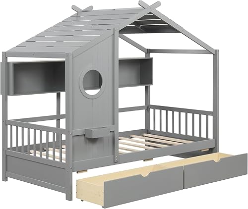 Miniatura 38 de KOMFOTT Cama individual con nido, marco de cama de plataforma de madera maciza, cama para niños con techo para niñas y niños, no necesita somier,