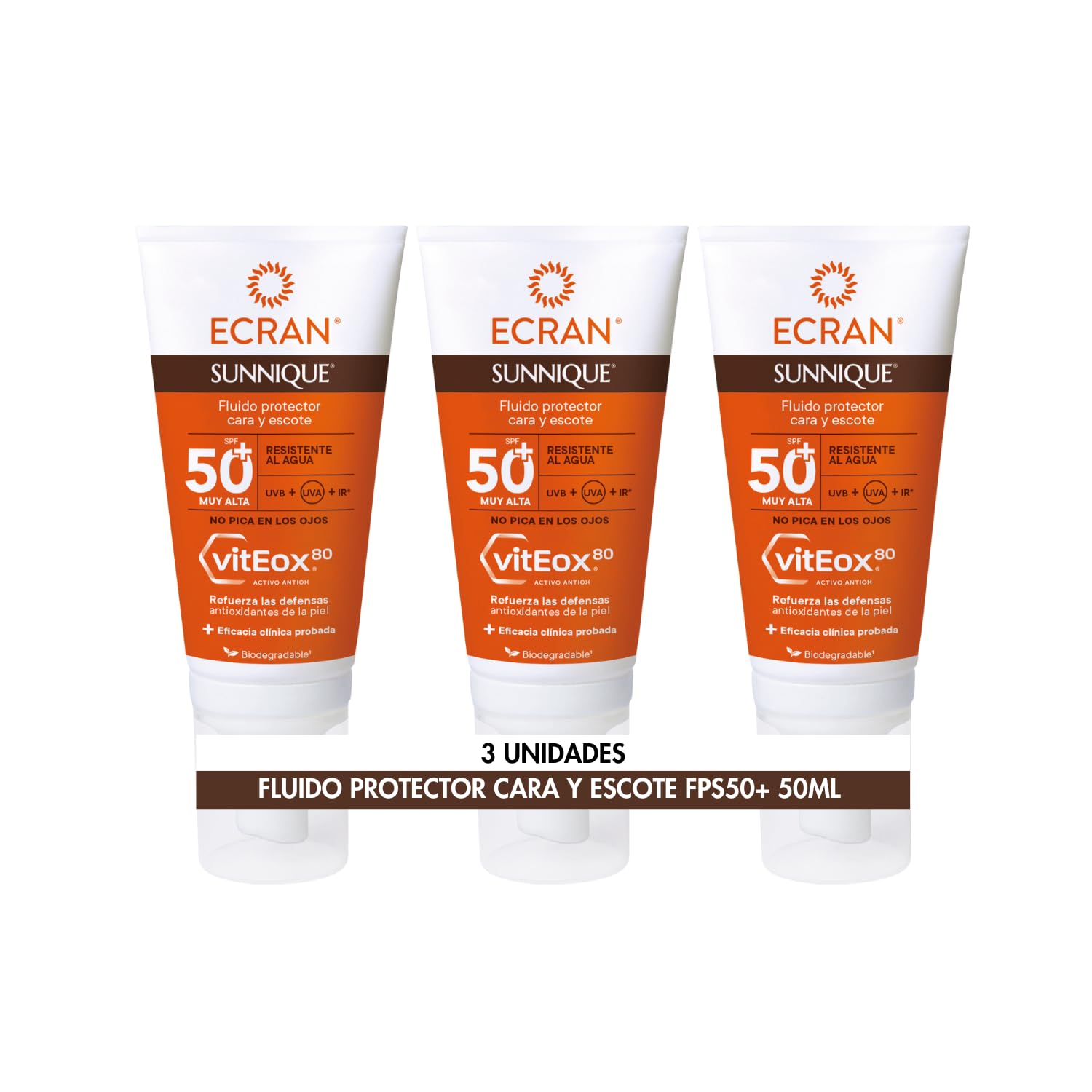 Ecran Sunnique Fluido Protector Solar FPS 50 para Cara y Escote, Protección UVB + UVA e IR-A, Refuerza las Defensas, Protege la Piel, Hidratación 24 h, Fórmula con VitEox 80 - Pack de 3 x 50 ml