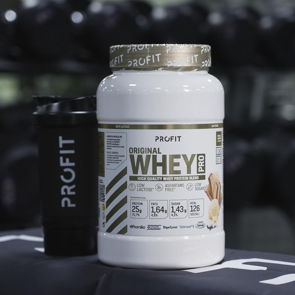 PROFIT - Concentrado de proteína de suero de leche - Calidad Promiko - Alto en BCAA, glutamina y aminoácidos esenciales. Con enzimas digestivas - Sabor oblea de vainilla - 1000 gr = 30 servicios