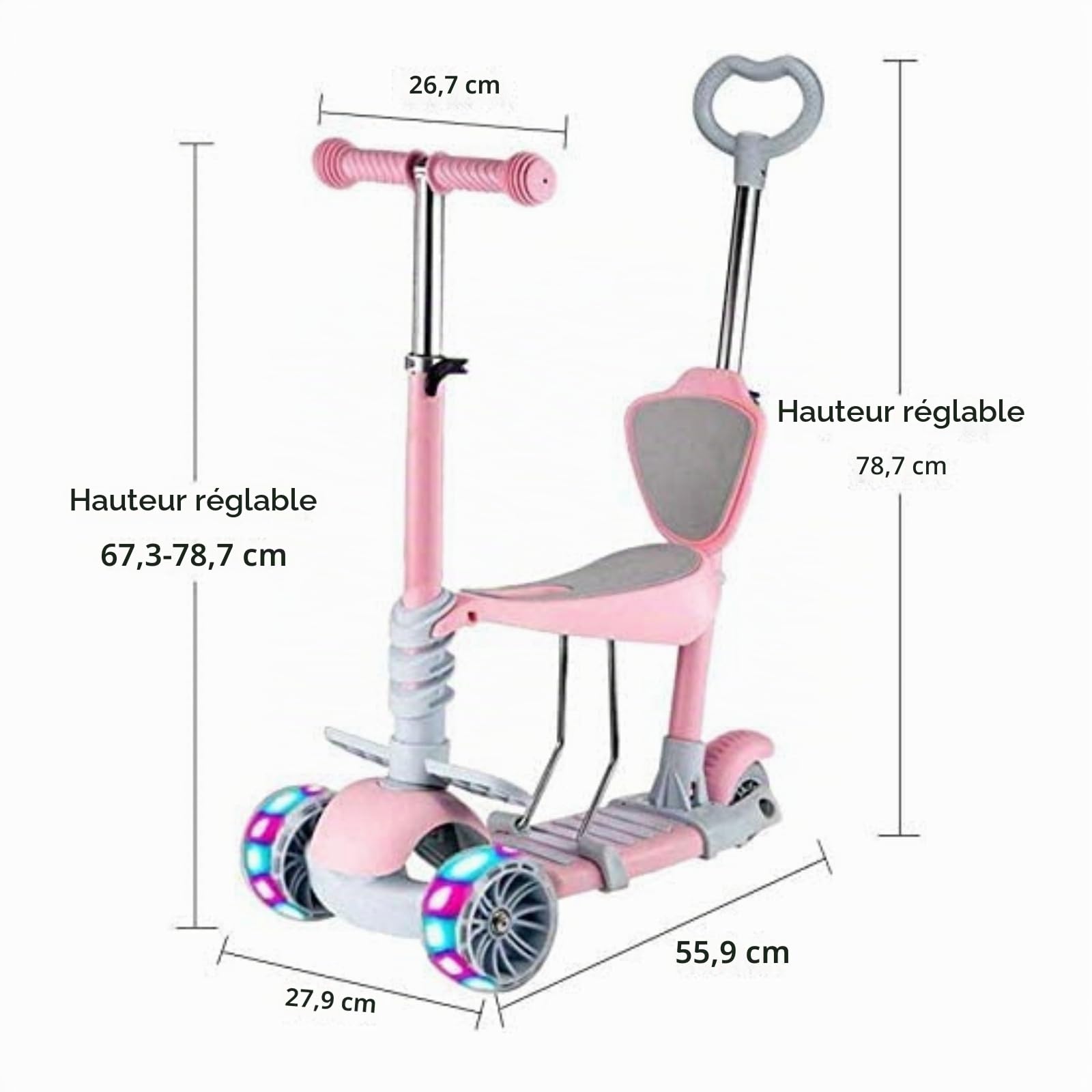 Trottinette pour Enfants 5 en 1 avec siège Amovible, 3 PU Roues Lumineuses, Guidon Réglable en Hauteur, Facile à Diriger, Dossier Confortable, Patinette Antidérapante pour Filles/Garçons de 1 a 6 Ans