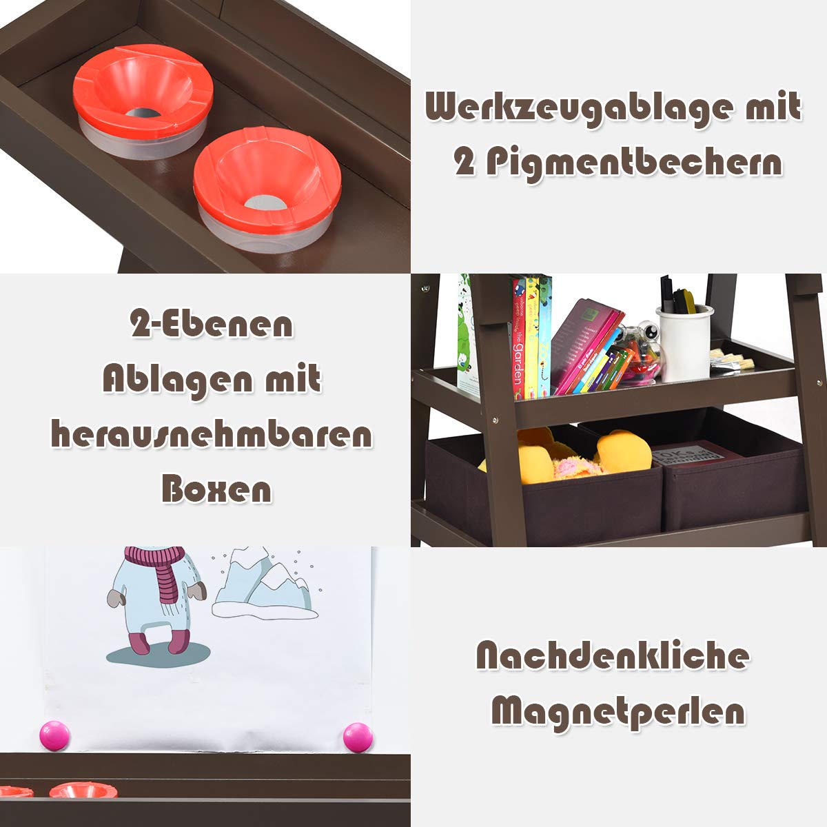 COSTWAY Sztaluga dziecięca 3 w 1, dwustronna, tablica suchościeralna, tablica do pisania kredą i papier do rysowania, stojąca z magnesami, 2 półki regałowe