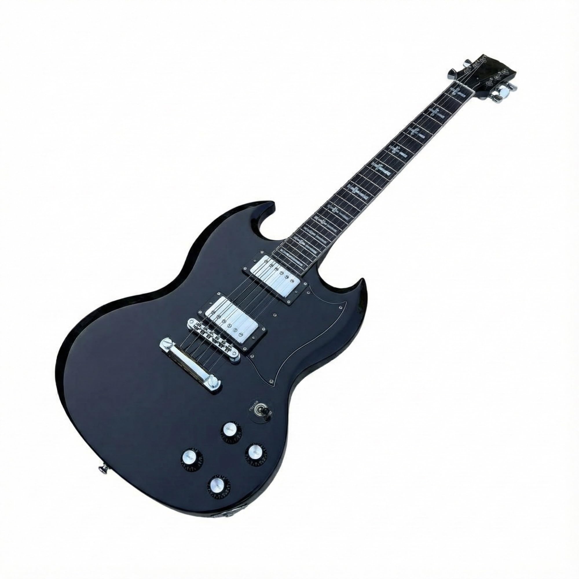 Guitarra eléctrica con doble cutaway y mástil negro con incrustaciones cruzadas personalizadas y dos humbuckers.