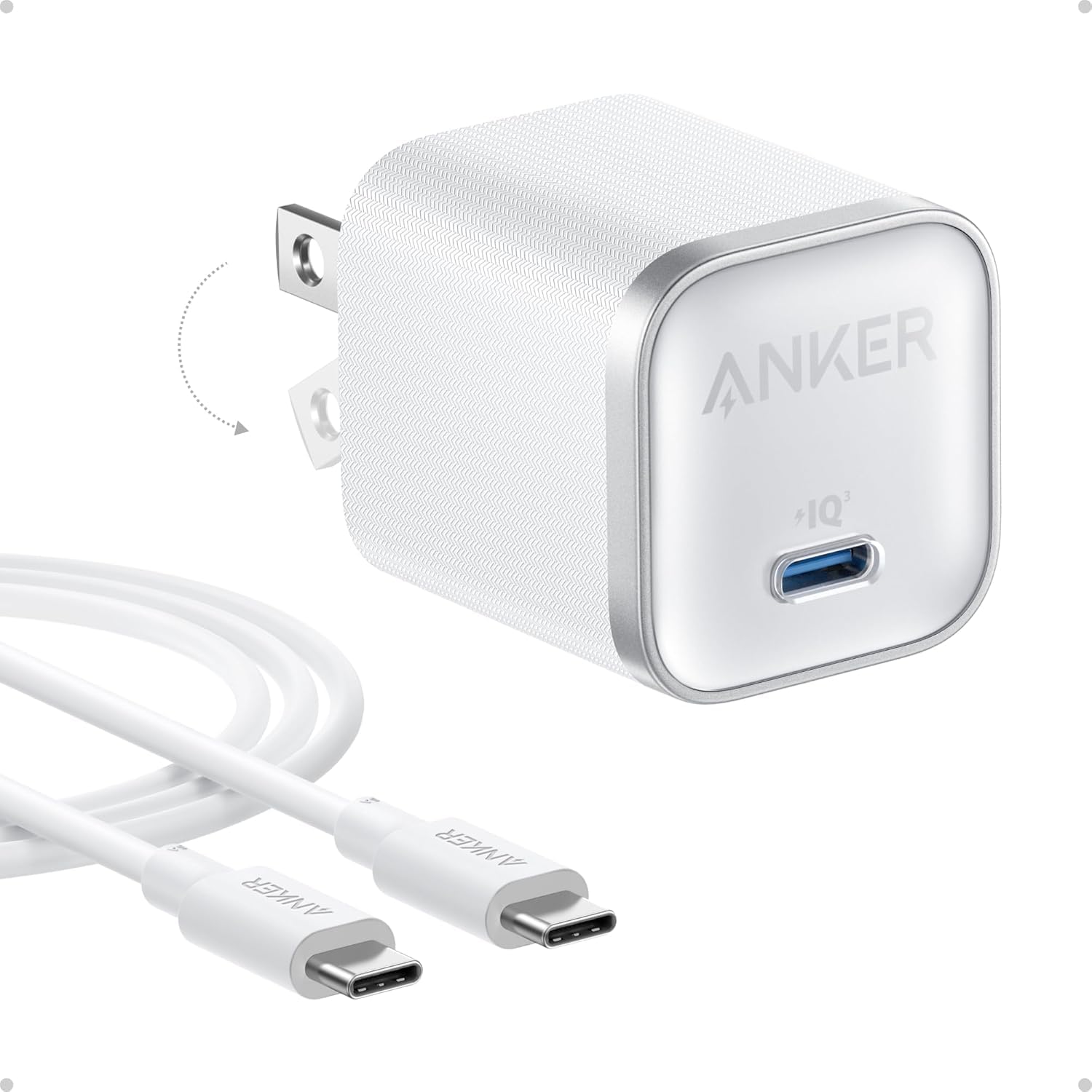 Anker Nano Charger, 45W Fast Charging, Compact and Foldable Plug USB C Charger Block for iPhone 17 Series, MacBook, Pixel 9, iPad, Samsung Galaxy S25 Ultra / S24 Series (6 ft Cable Included) White