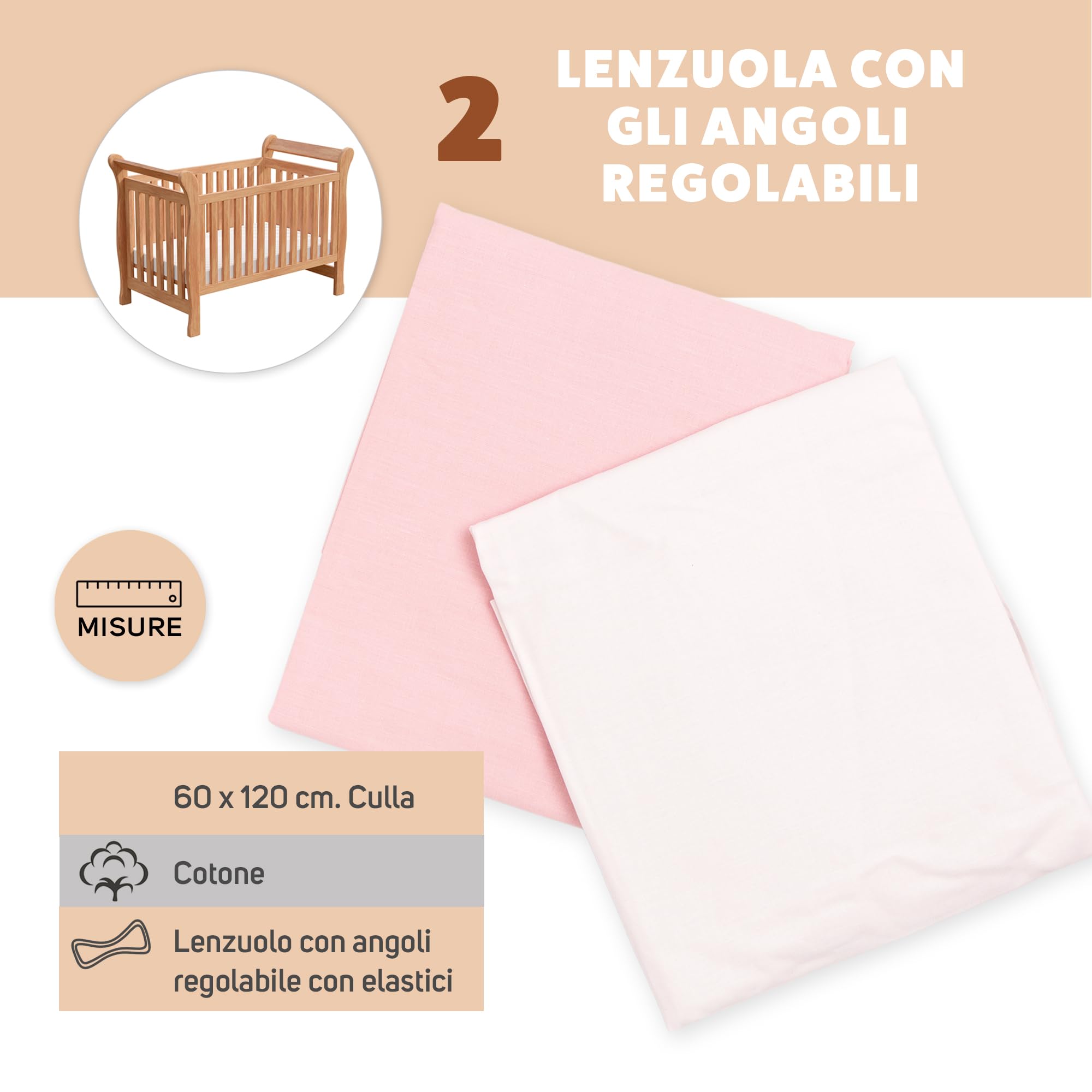 Ti TIN Confezione da 2 Lenzuola con Angoli per Culla 100% Cotone | Set di 2 Lenzuola Regolabili con Elastici, 60x120 cm, 1 Lenzuolo Bianco + 1 Lenzuolo Rosa | 100% cotone, gommato, traspirante e morbido, facile da pulire, adatto all'asciugatrice