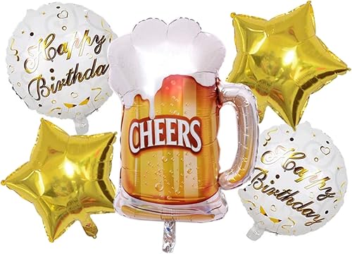 Morndew 5 tazas de cerveza de feliz cumpleaños, globos de papel de aluminio con estrella de cinco puntas para fiesta de cumpleaños, baby shower,