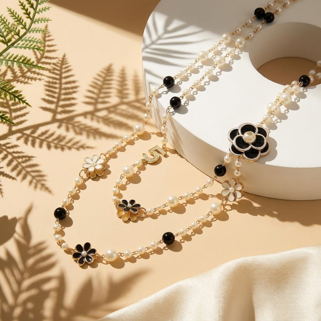 IDOKAWA 8MM Round Simulated Shell Pearl Strand Layered Necklace for Women, Dainty Multiple Strands Long Necklace for Party, Vintage Costume Jewelry