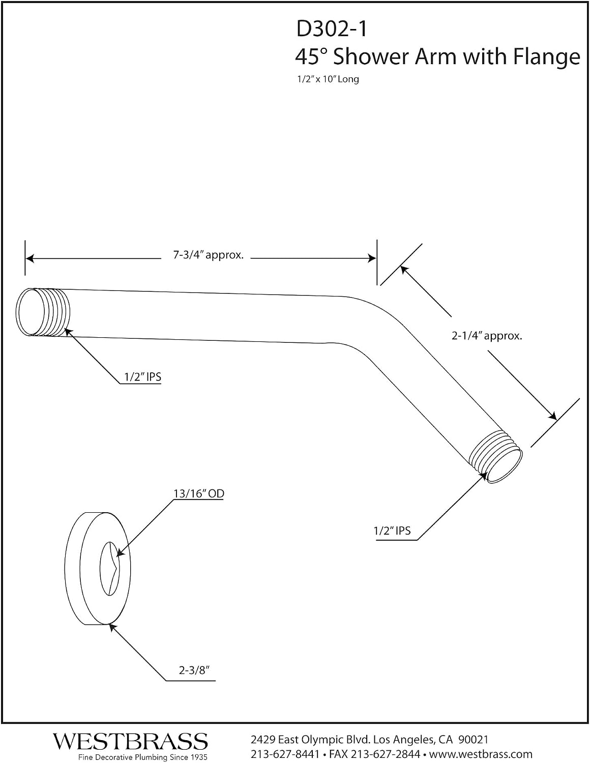 Westbrass D302-1-07 1/2" IPS x 10"Wall Mount Shower Arm with Sure Grip Flange, Satin Nickel