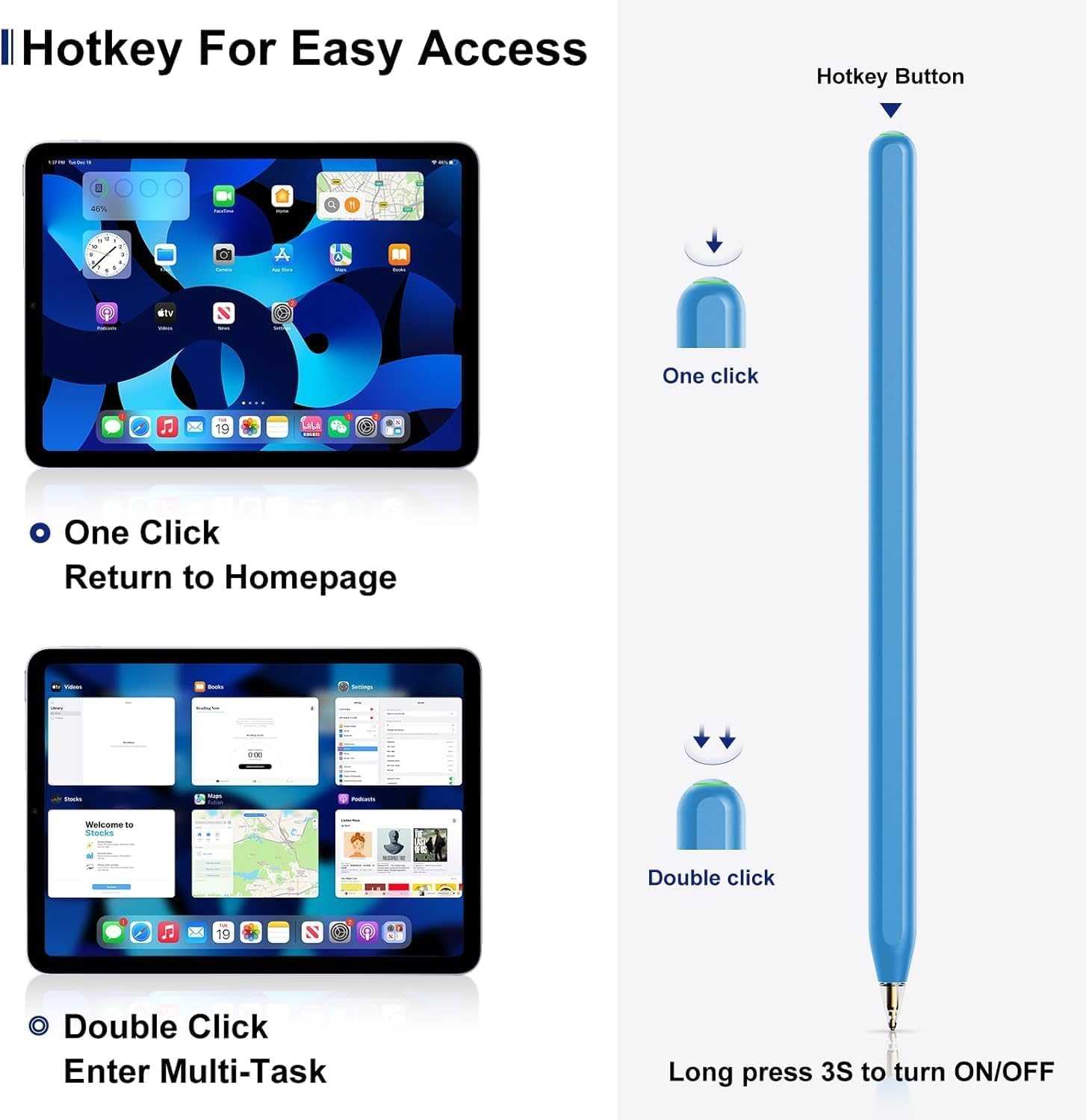 Diagram showing hotkey functions: single click for homepage, double click for multi-task, long press for power