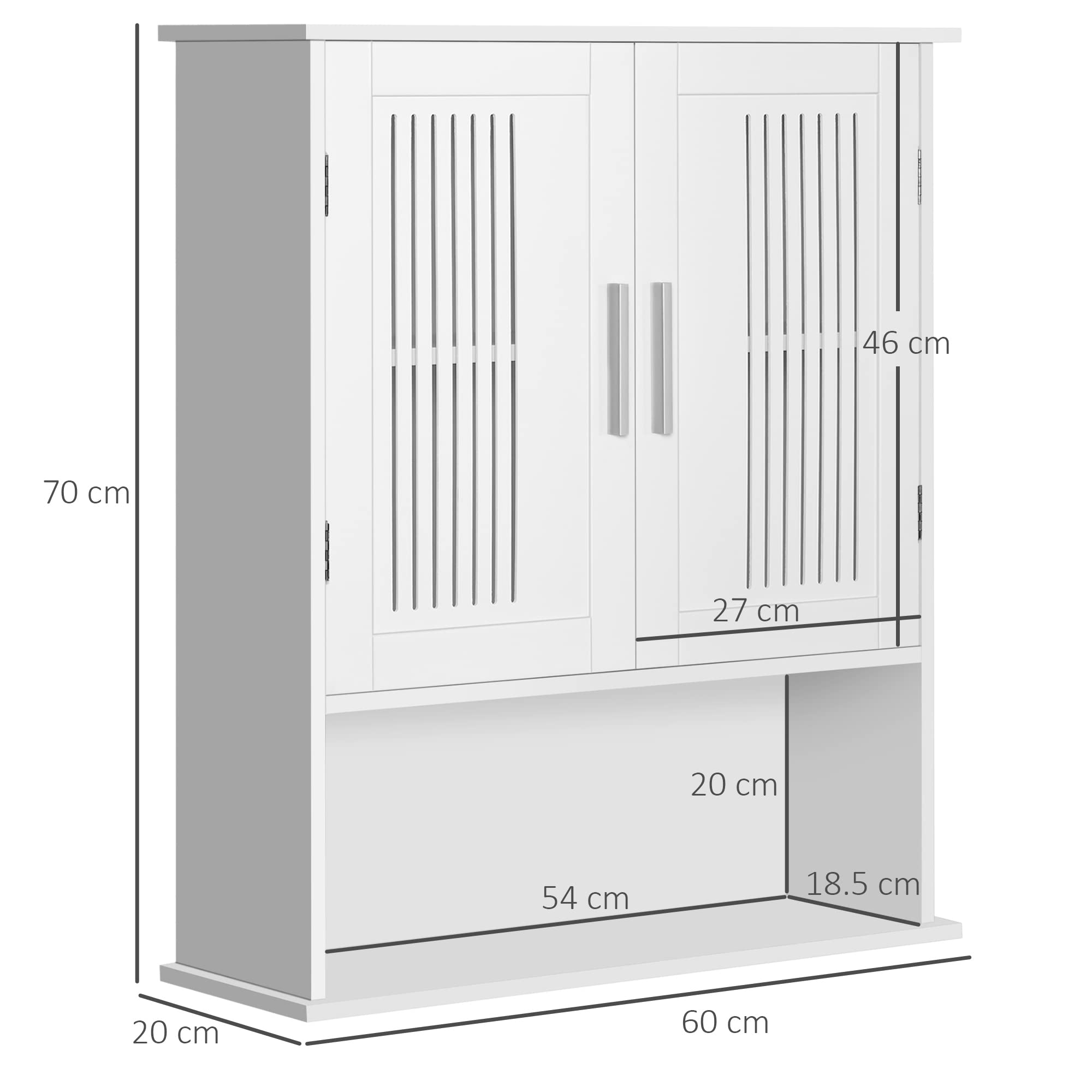 kleankin Mobiletto da Bagno a Muro, Mobiletto Multiuso Salvaspazio con Armadietto a 2 Ante e Ripiano Inferiore Bianco, 60x20x70cm