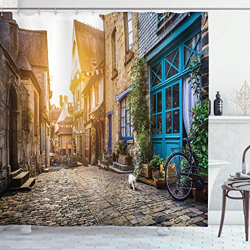 Ambesonne Scenery Shower Curtain, Old Town in Europe at Sunset