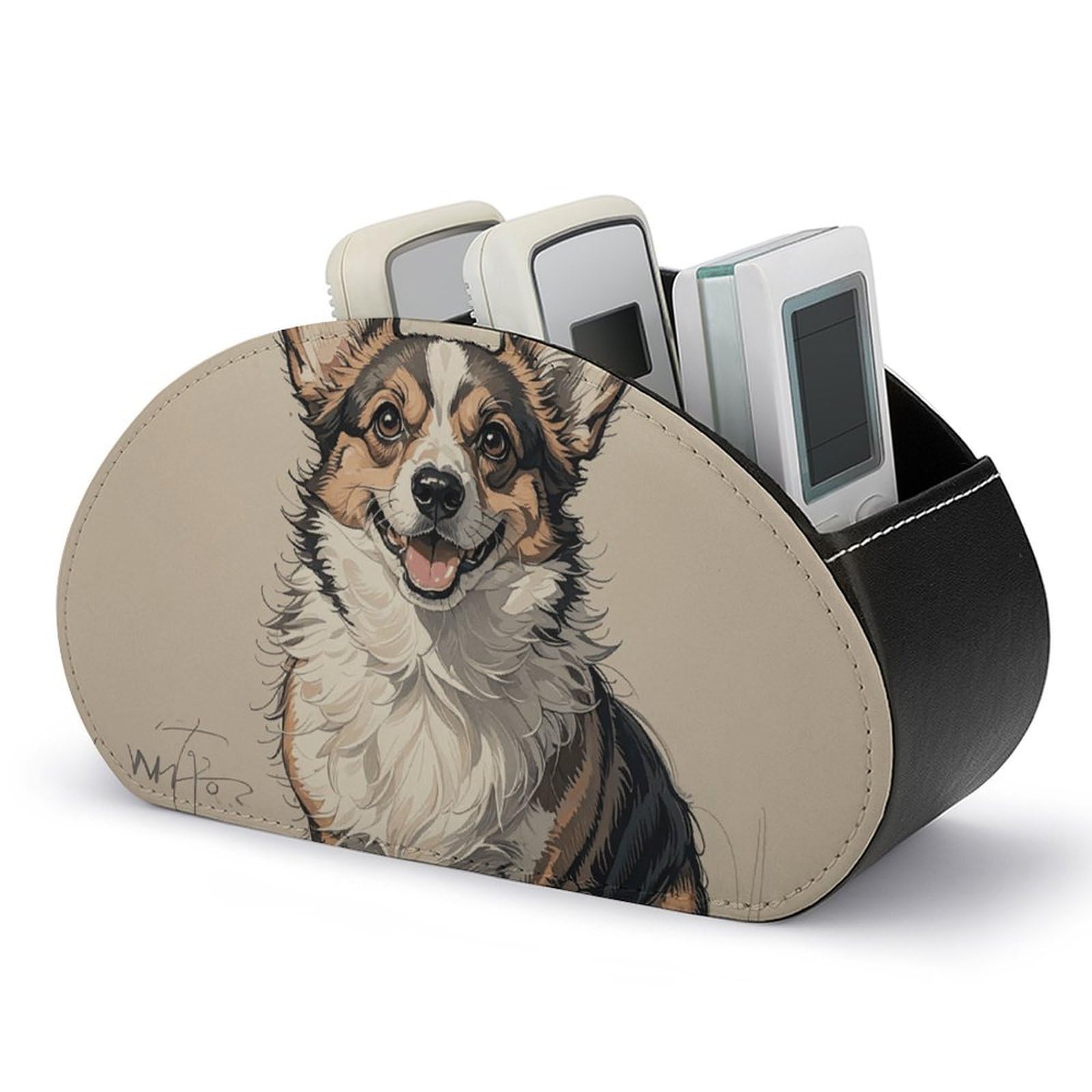 DWVTSLH Hand Drawn Sketch Corgi Remote Control Holder with 5 Compartments - PU Leather TV Remote Holder Remote Caddy Desktop Organizer Makeup Brush Holder, Remote Storage Box for Home Office