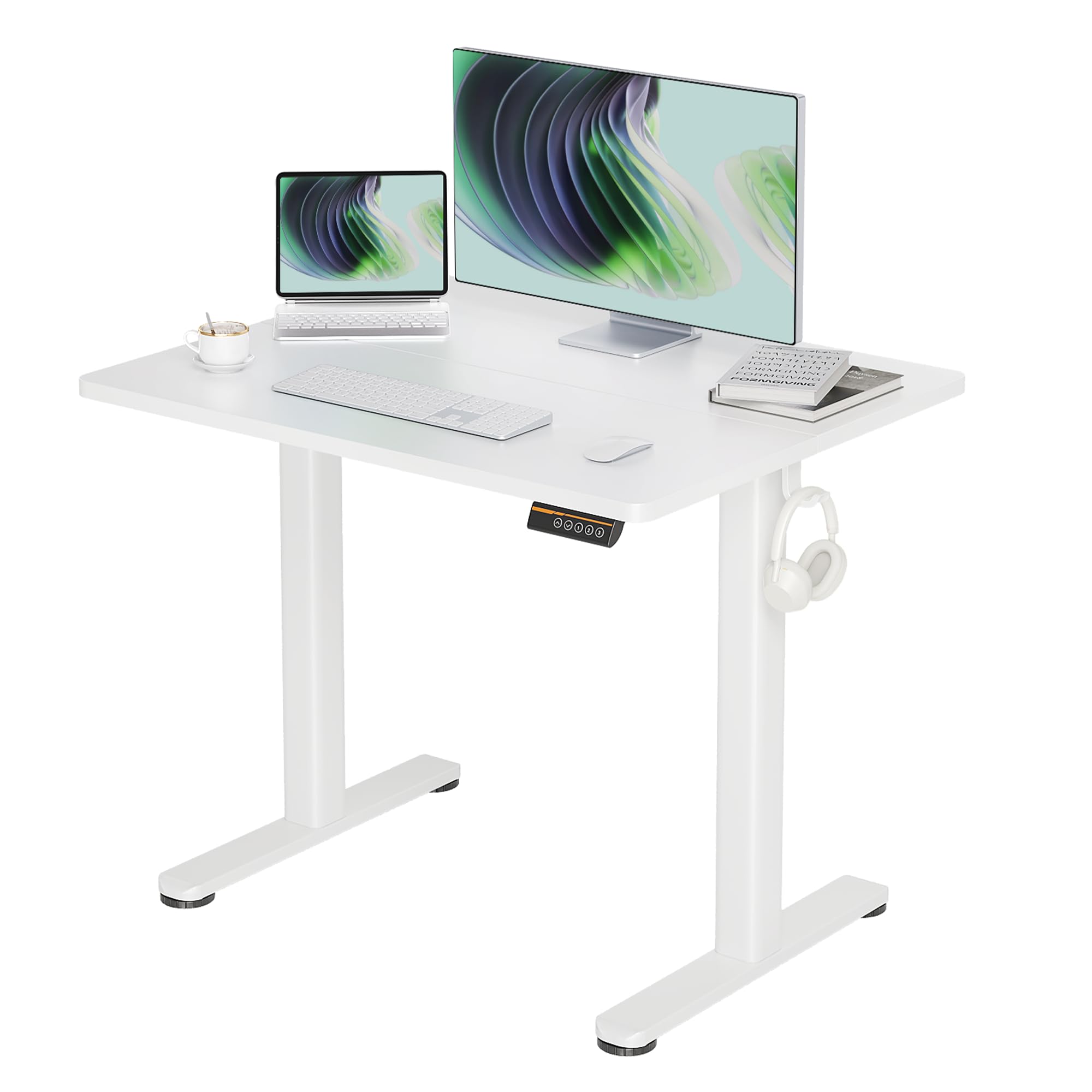 Claiks Electric Height Adjustable Stand Up Desk, 35x20 Inches Sit Stand Desk for Home Office, White Top/White Frame