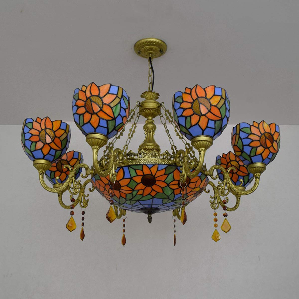 Żyrandol w kształcie słonecznika w stylu Tiffany'ego Ręcznie robione witraże Lampy wiszące Vintage duszpasterski kwiatowy żyrandol z wieloma głowicami do jadalni Salon Sypialnia (8 ramion)