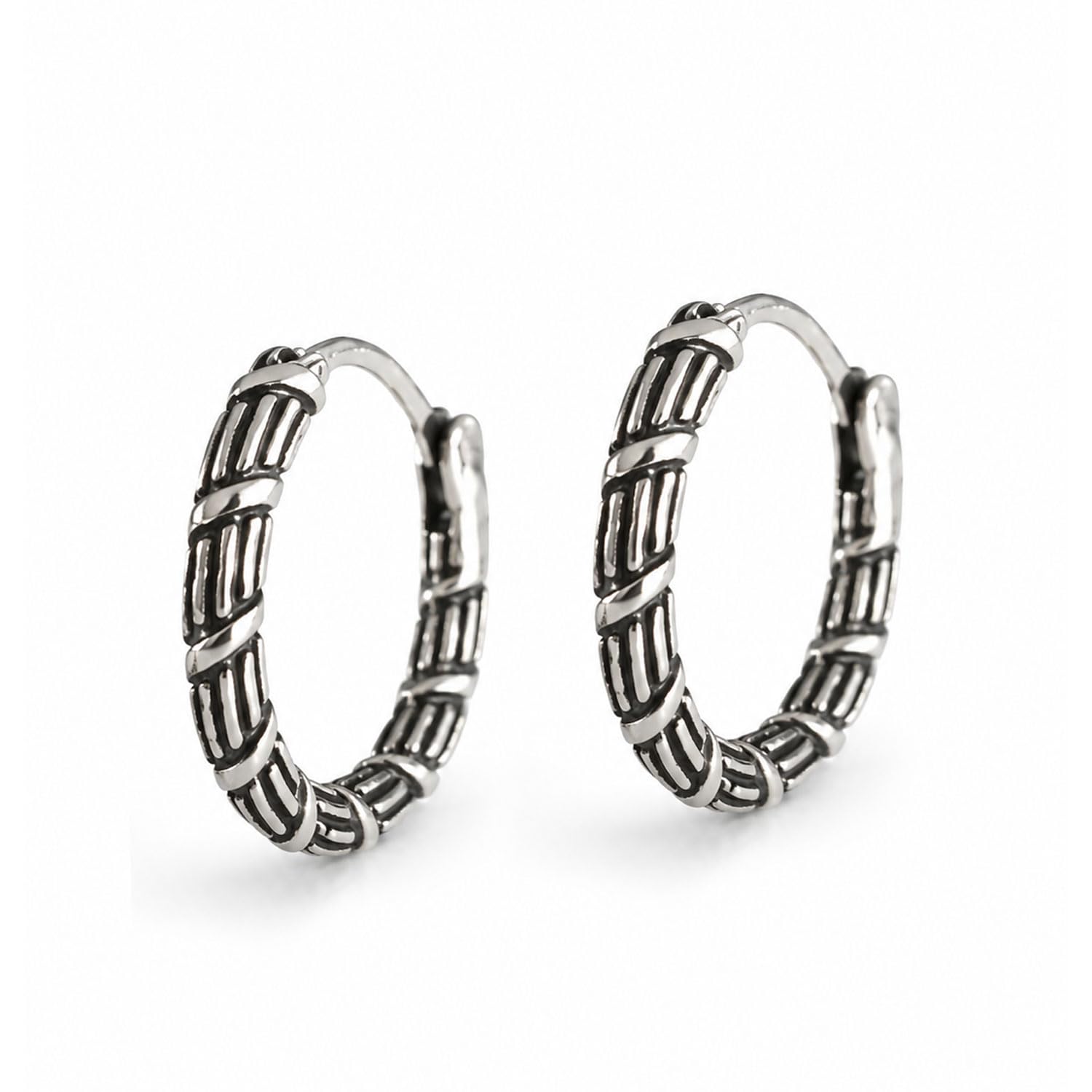 vama FASHIONS Silver Plated Stainless Steel Anti Tarnish Oxidized Twisted Rope Black Textured Huggie Hoop Earrings Metal Loop Antique Kaju Bali Hoops Hypoallergenic Tribal Earring For Mens-picture-26