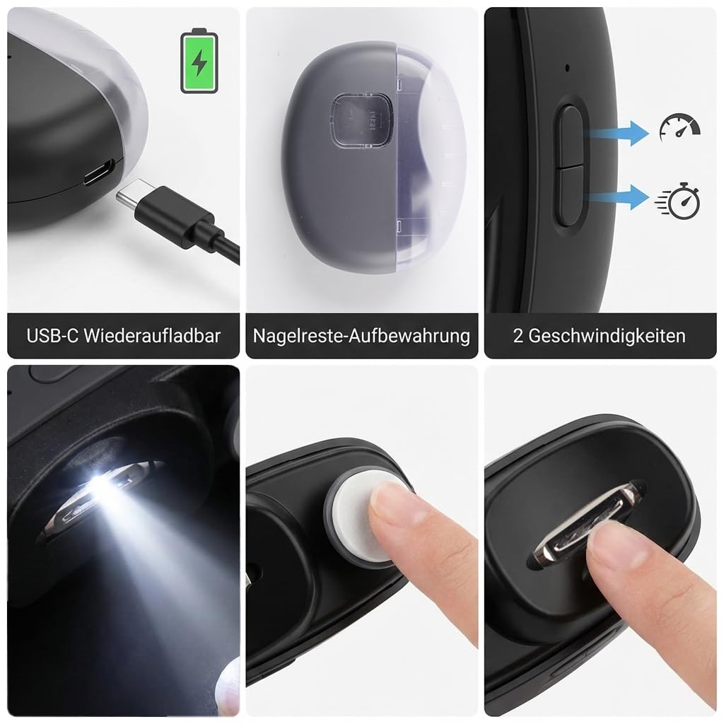 Elektrischer Nagelknipser für Fingernägel - 2-in-1 Automatischer Nagelschneider & Feile mit LED-Licht & Nagelsammler - 100% Sicher für Baby, Kinder & Erwachsene (USB-C)