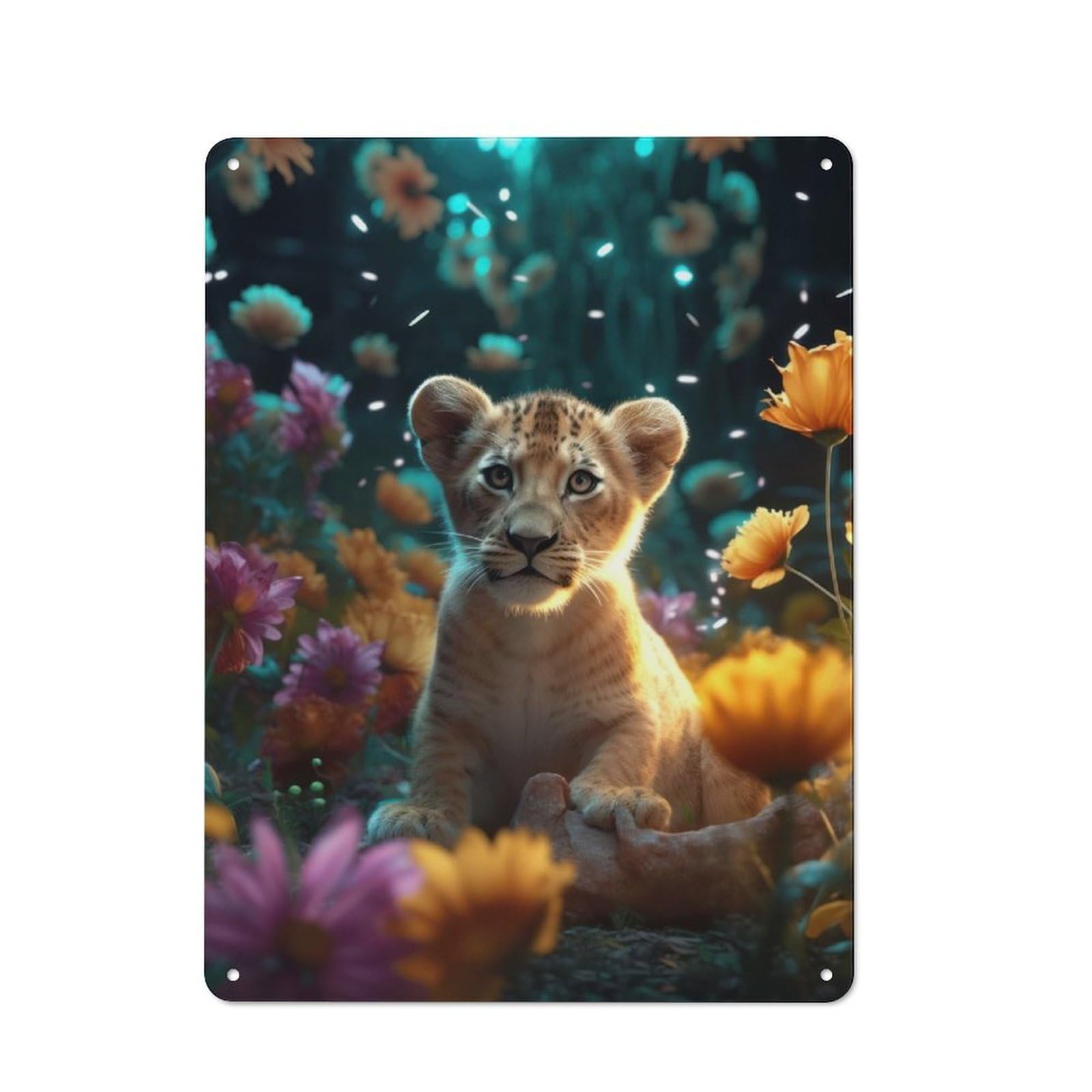 Junmoney Magical Floral Lion Cub Country Farmhouse Metal Sign 40X30cm, Farmhouse Wall Decor For Dining Room, Cafe, Entryway Or Family Room