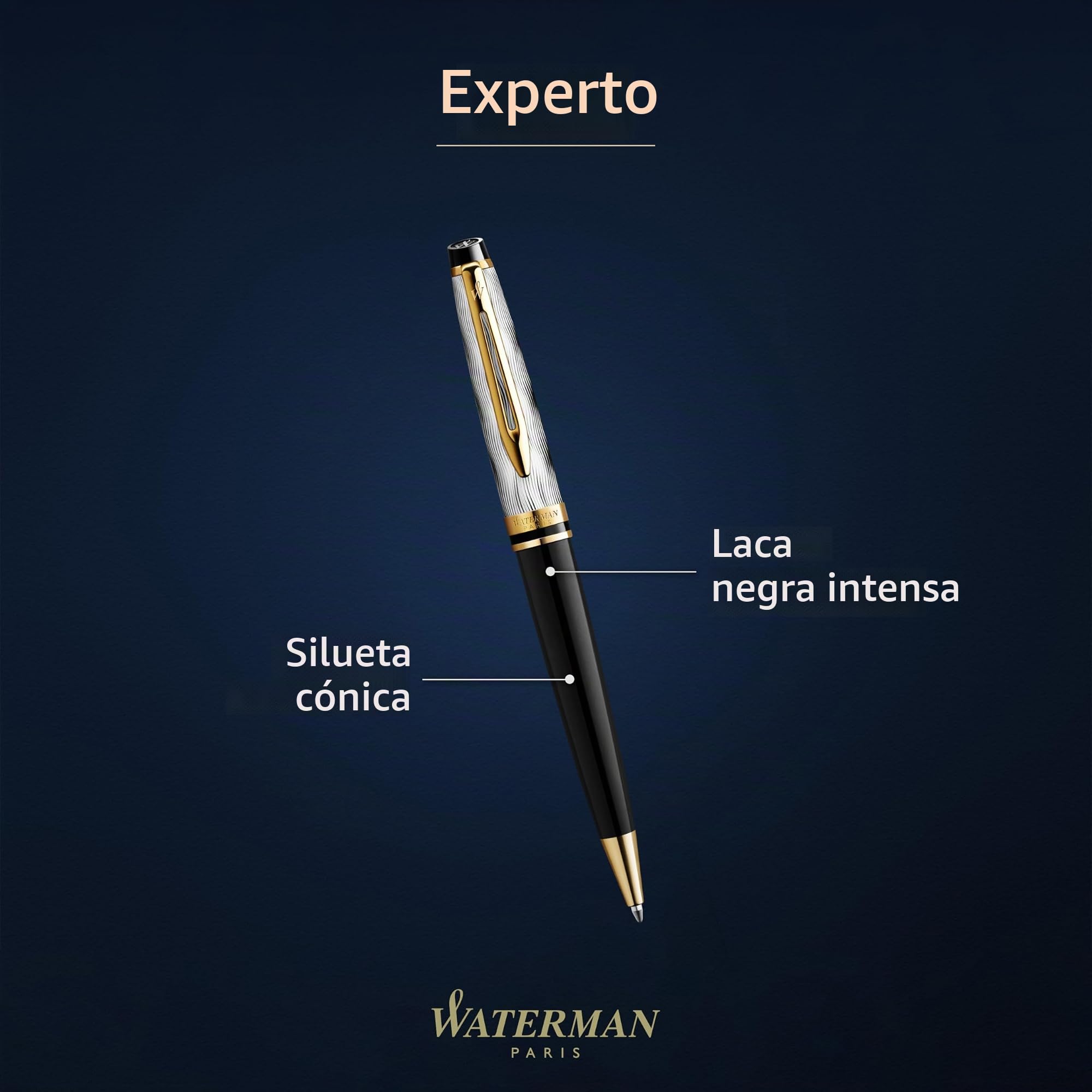 Bolígrafo Waterman Experten metal y lacado negro con adorno doradocapuchón cinceladopunta mediana