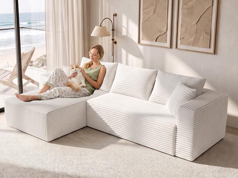 Image of 93 inch Boneless Couch, Modular Sectional Sofa for Living Room - Beige