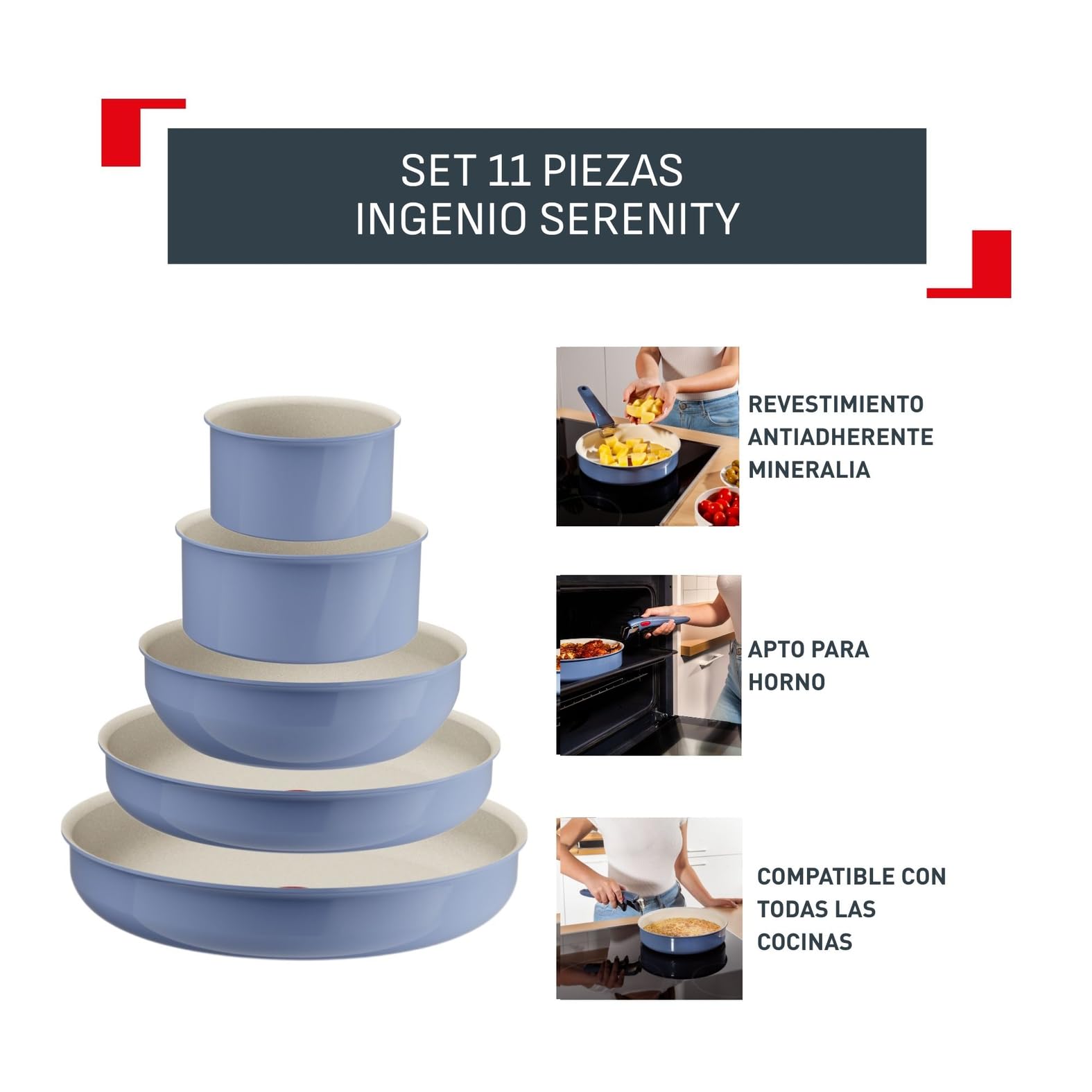 Tefal Ingenio Serenity - Juego de 2 Sartenes 22/28 cm + Wok 26 cm + 2 Cazos 16/20 cm + 4 Accesorios + 2 Mangos, Revestimiento Antiadherente, Apilable, Inducción, Apto lavavajillas y horno, Azul