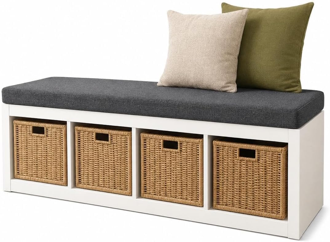 SLUMBER HOME Bench Cushion for IKEA KALLAX, High Density Foam Seat Pad for Storage Unit,Shoe Rack, TV Stand, Hallway & Window Seat (Grey, Kallax 2 inserts 4 Drawers 146 x 38cm, Square)