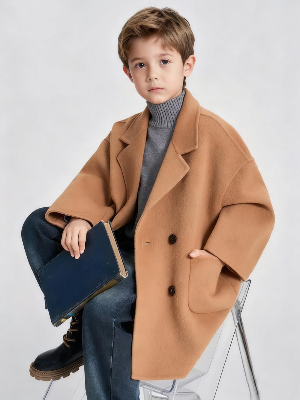 Boys Double Breasted Overcoat Thigh-Length Dress Coat for Formal Autumn Winter Wear Weddings Holidays