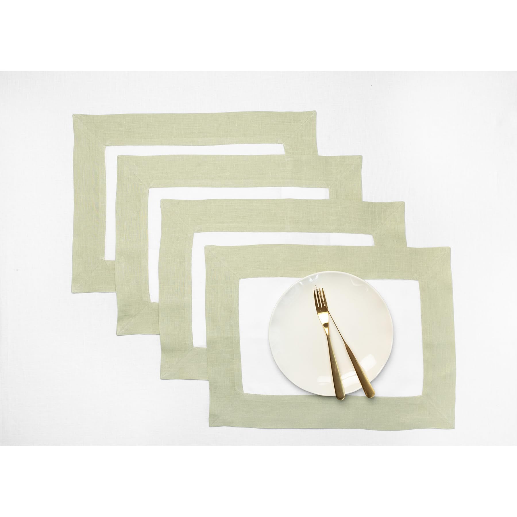 Solino Home Contempo - Juego de 4 manteles individuales de lino 100 % puro, color verde salvia y blanco, 48 cm de largo x 35 cm de ancho, manteles individuales lavables para Navidad, invierno