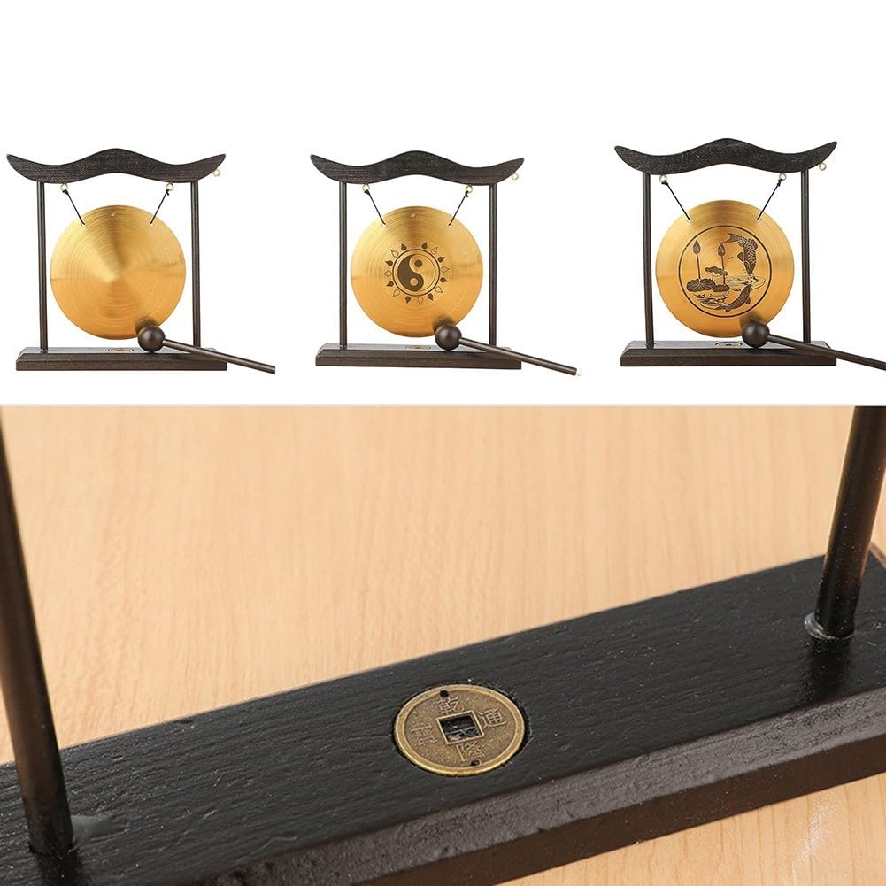Juego de gong de mesa chino, Gong de latón de percusión, mini gongs de mesa, decoración del hogar con marco de base de madera para decoración del hogar, oficina, adorno decorativo de