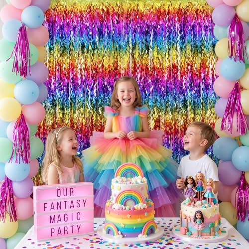 Image of TONIFUL 2Pcs Wavy Rainbow Metallic Tinsel Foil Fringe Curtain Streamer