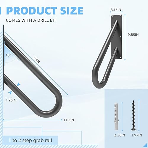 Miniatura 2 de Pasamanos para escalones al aire libre, montaje en pared, barandillas para 1-2 escalones, pasamanos en forma de U con acabado negro mate, pasamanos