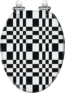 Elongated Toilet Seat pattern print rectangles black white Print seamless interior surface Resin Toilet Seat Quietly Slow Close with Quick-Release Hinges Toilet Seat with Cover Easy to Clean Install