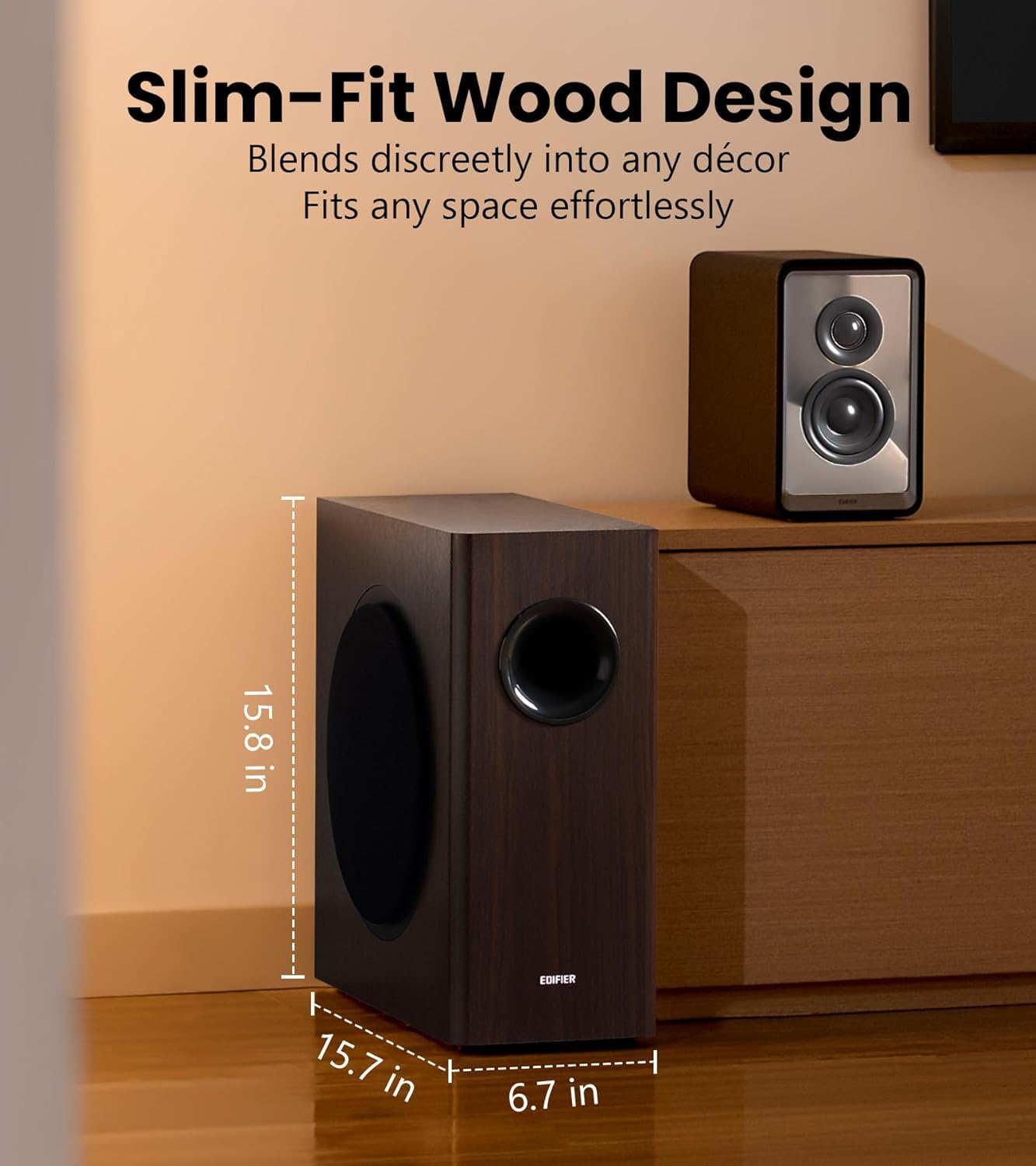 Edifier T5s Active Subwoofer – woofer de 8 pulgadas – 70 W – Filtro de paso bajo – Frecuencia hasta 35 Hz – Carcasa MDF para reducir la resonancia – En espera – Conectores RCA – Diseño atemporal